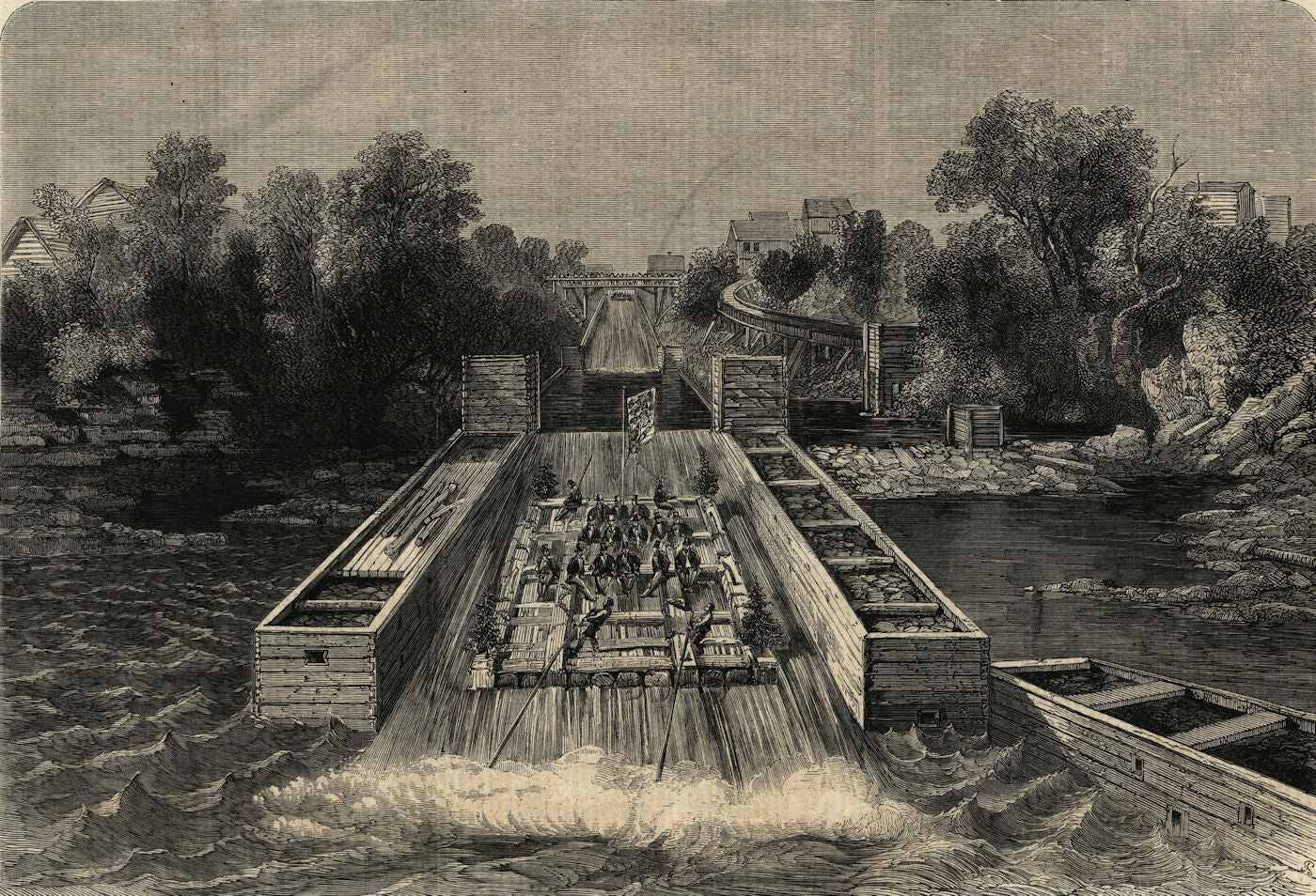 Prince of Wales (Edward VII) descending a timber-slide at Ottawa, Canada 1860